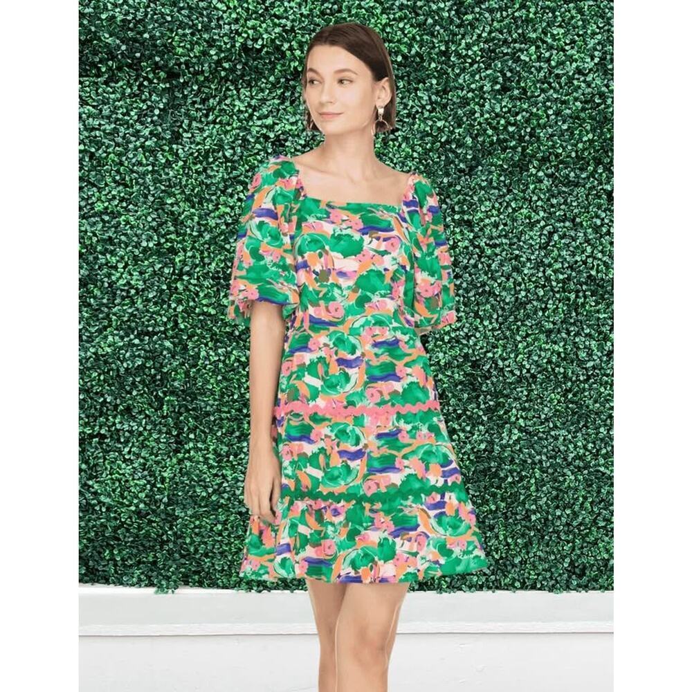 Joy Joy Women’s Small Green & Pink Ric Rac Trim Puff Sleeve Dress